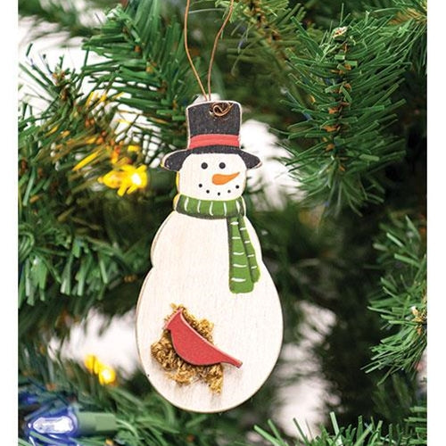 💙 Snowman with Cardinal & Top Hat Wooden Ornament
