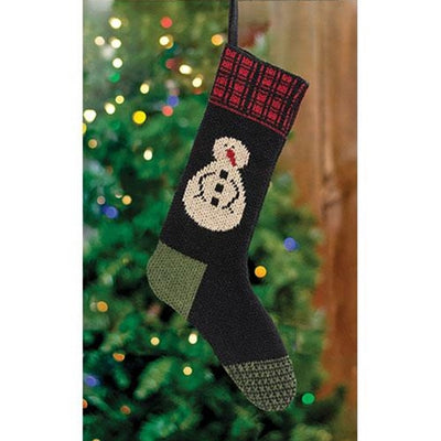 Snowman Knit Stocking With Red Plaid Top