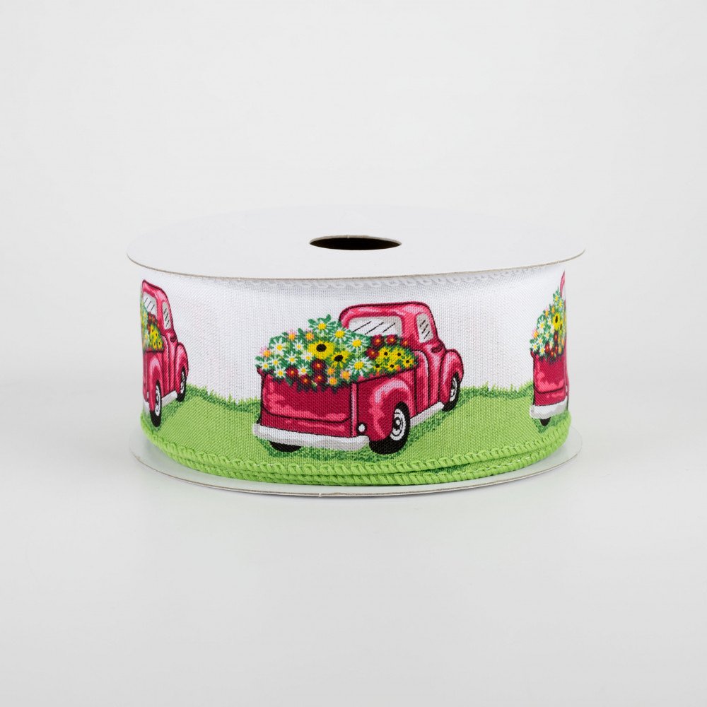 💙 Truck Full Of Flowers Pink & Green Ribbon 1.5" x 10 yards