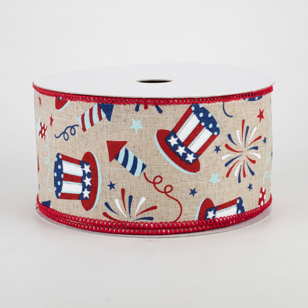 🎄💙 Uncle Sam Fireworks on Light Natural Ribbon 2.5" x 10 yards