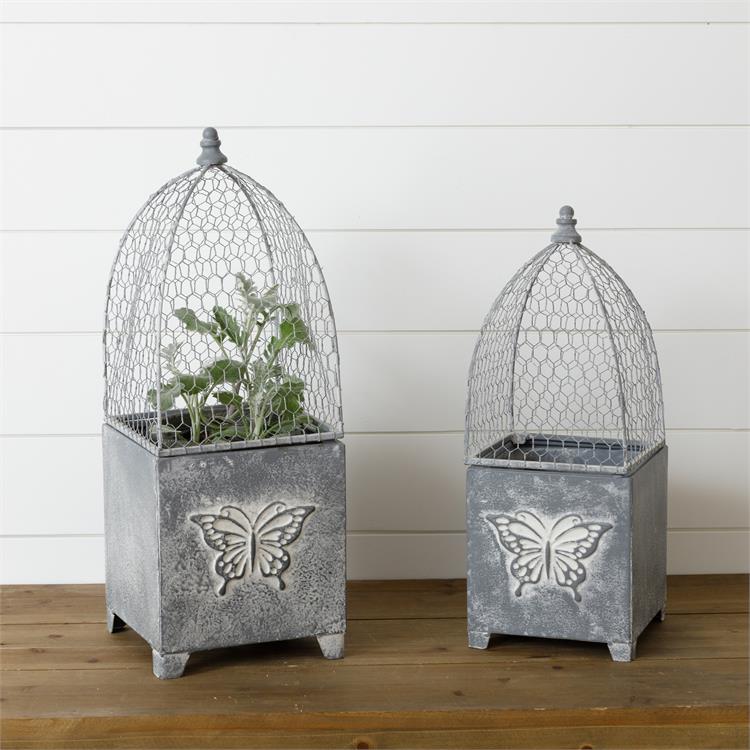 Set of 2 Butterfly Planters with Wire Cloche