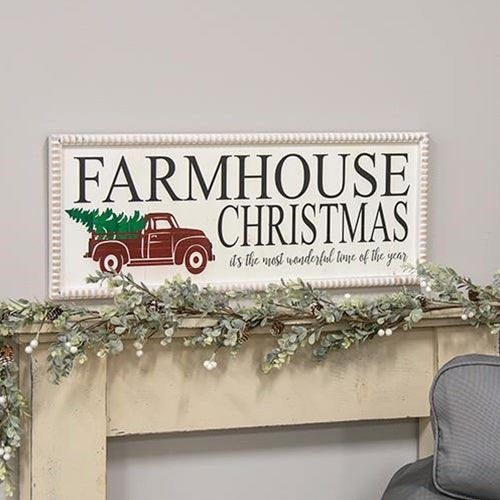 Farmhouse Christmas Truck Beaded 32" Wood Sign