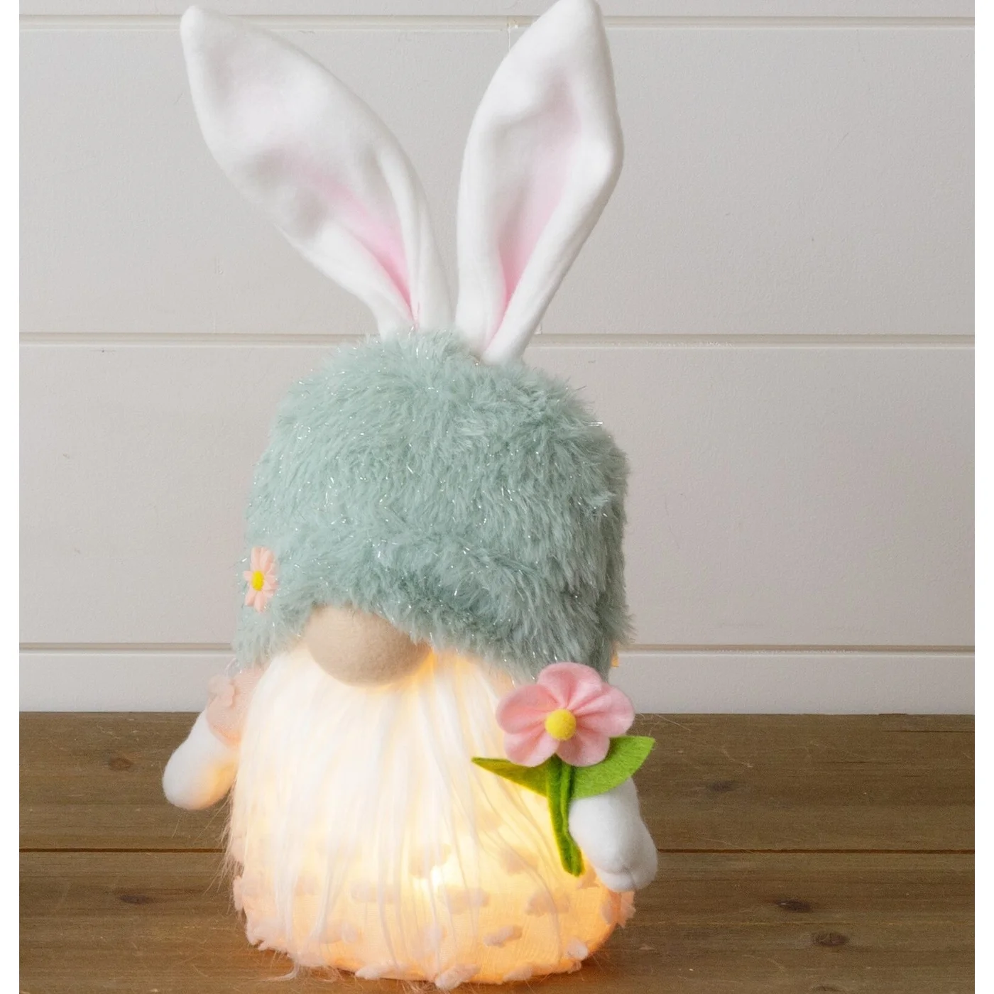 Lighted Bunny Gnome Holding Pink Flower 11" H