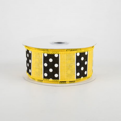 Black & White Polka Dot Yellow Stripes Ribbon 1.5" x 10 yards