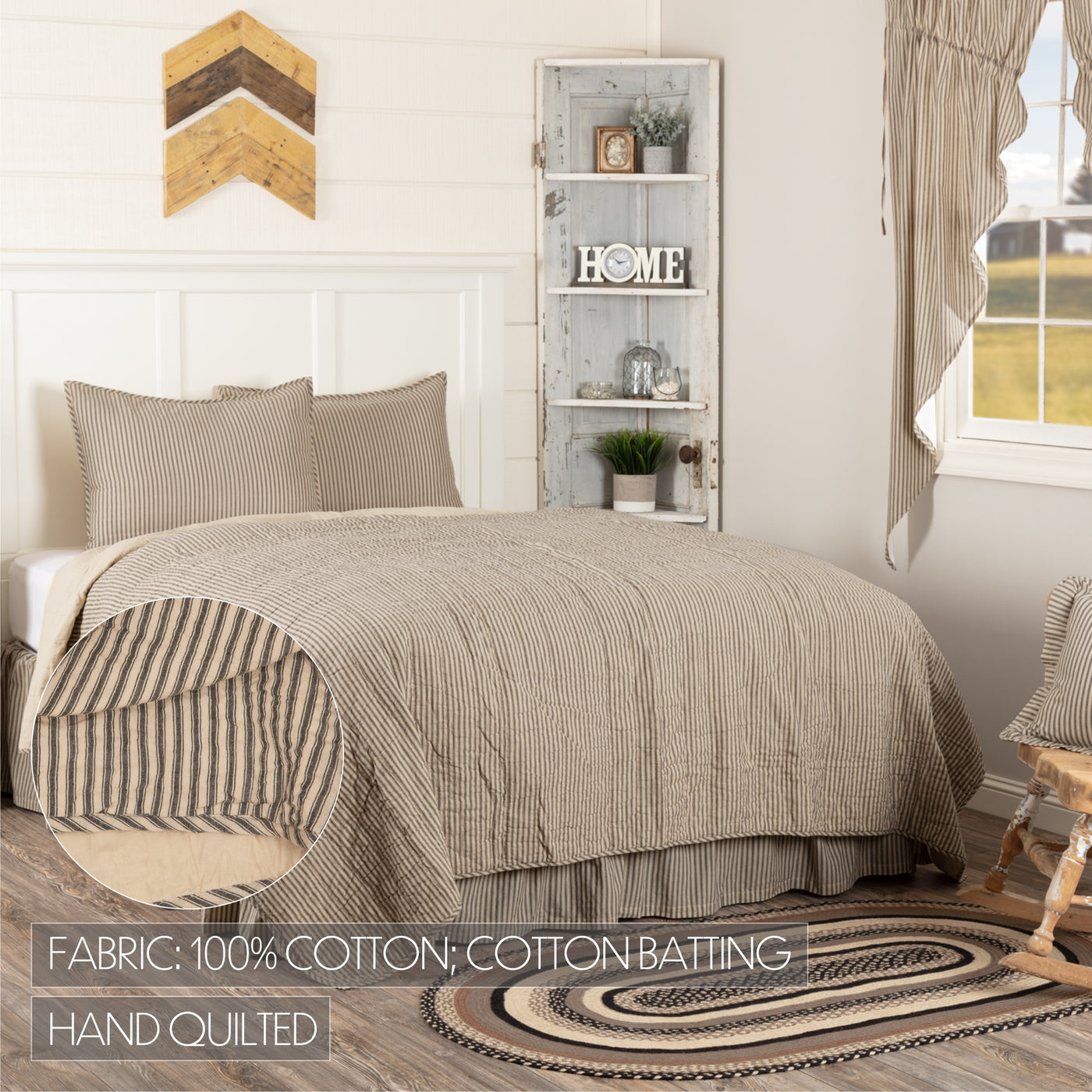 Sawyer Mill Charcoal Ticking Stripe Queen Quilt and Two Shams Set
