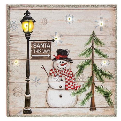 Santa This Way Snowman Pallet Sign w/ LED Light