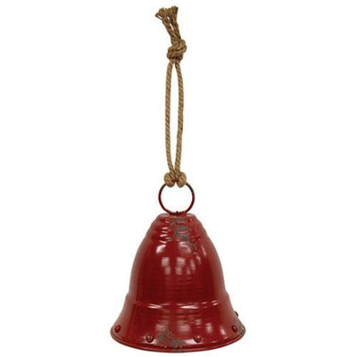 Distressed Red Metal Bell With Jute Hanger 9" H