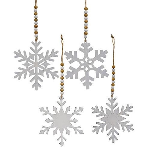 Set of 4 White Snowflake Wood Beaded Ornaments 5.75"