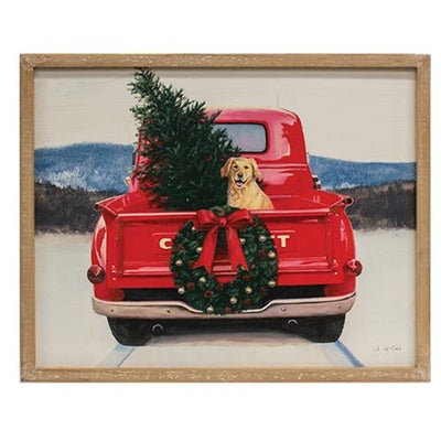Golden Dog in Christmas Truck Wood Sign