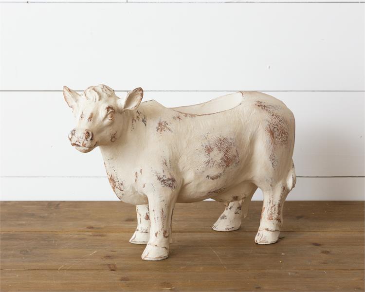 Graceful Distressed White Cow Planter