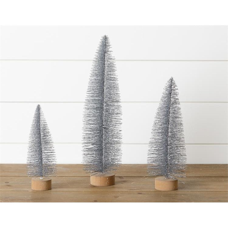Set of 3 Silver Glitter Bottle Brush Trees with Wood Base
