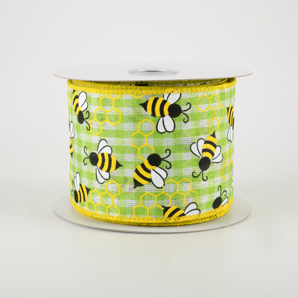 Mini Bumblebees on Lime Gingham Check Ribbon 2.5" x 10 yards