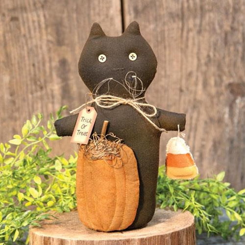 Trick or Treat Halloween Black Cat Doll With Candy Corn