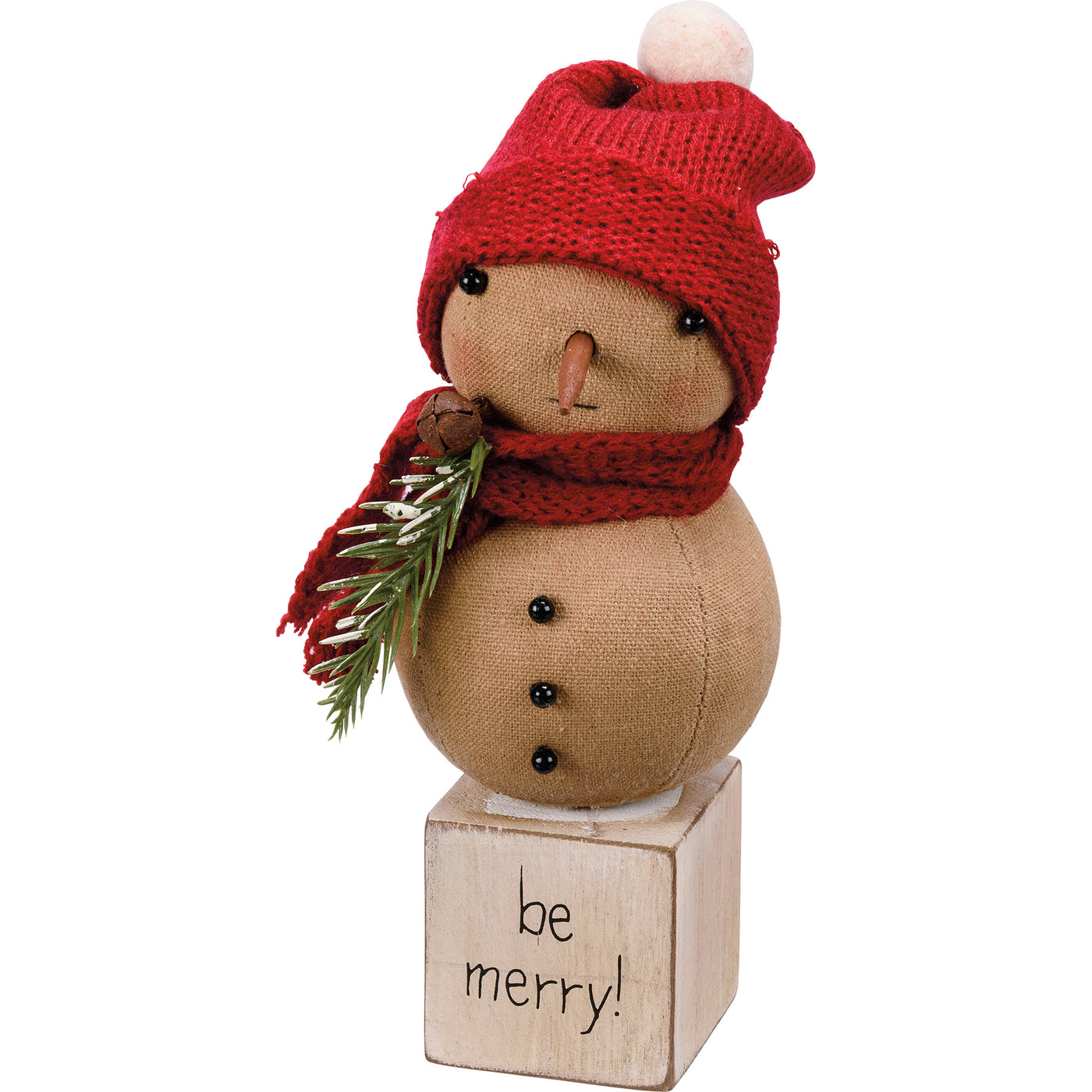 Rustic Plush Snowman Sitter On Be Merry Wooden Block