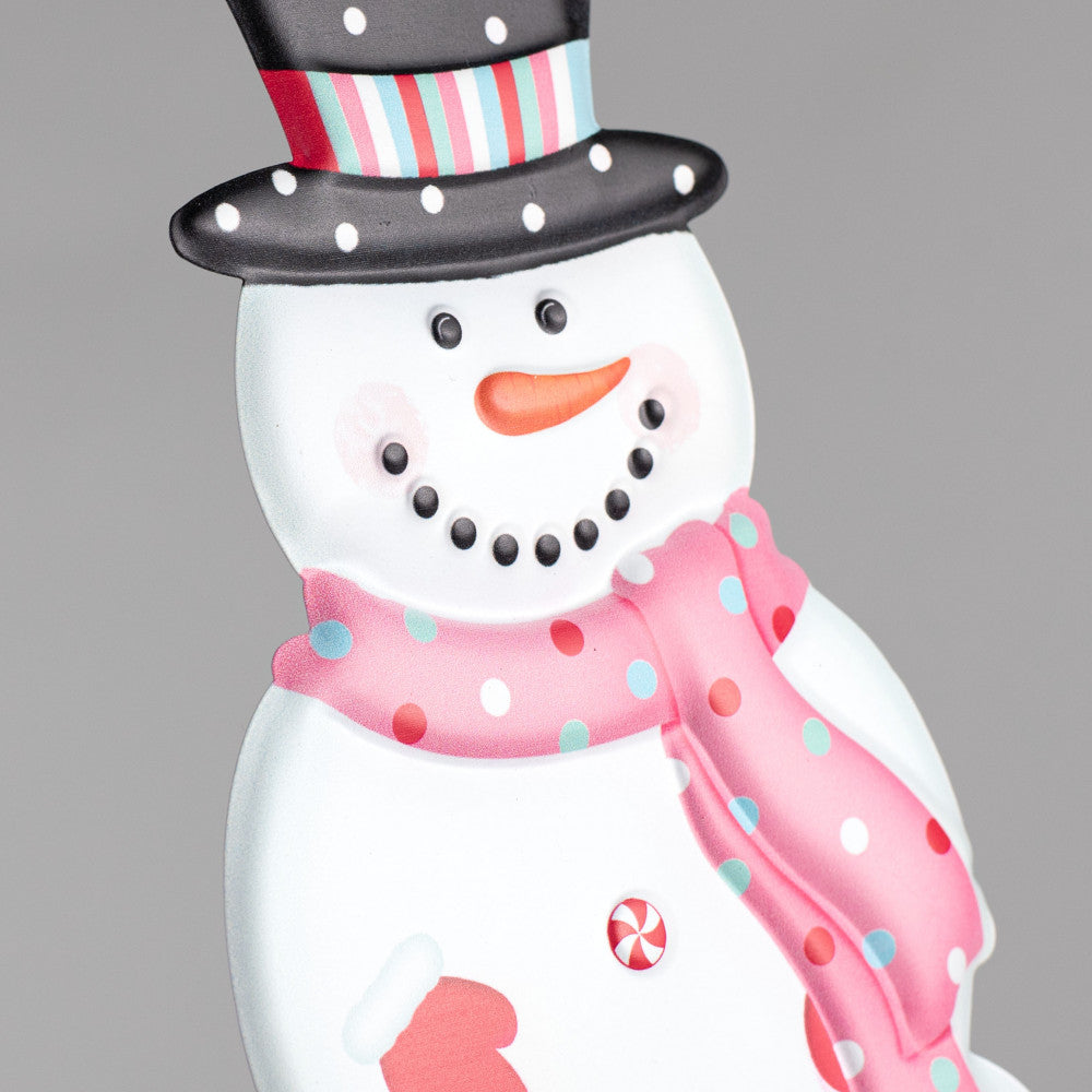 💙 Pink Scarf Snowman 12" Metal Embossed Hanging Decor