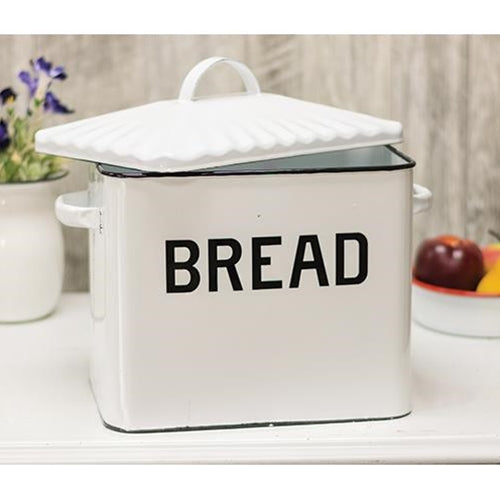 White Enamelware Bread Box with Black Trim