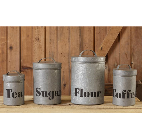 Set of Galvanized Canisters Flour, Sugar, Coffee, Tea