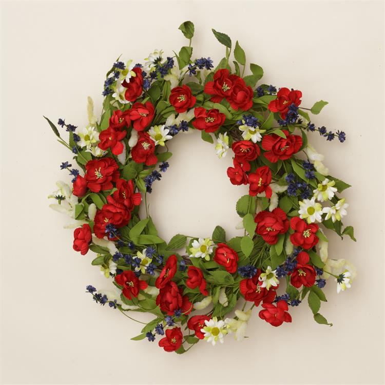 Americana Daisies & Red White & Blue Blooms on 22" Twig Wreath