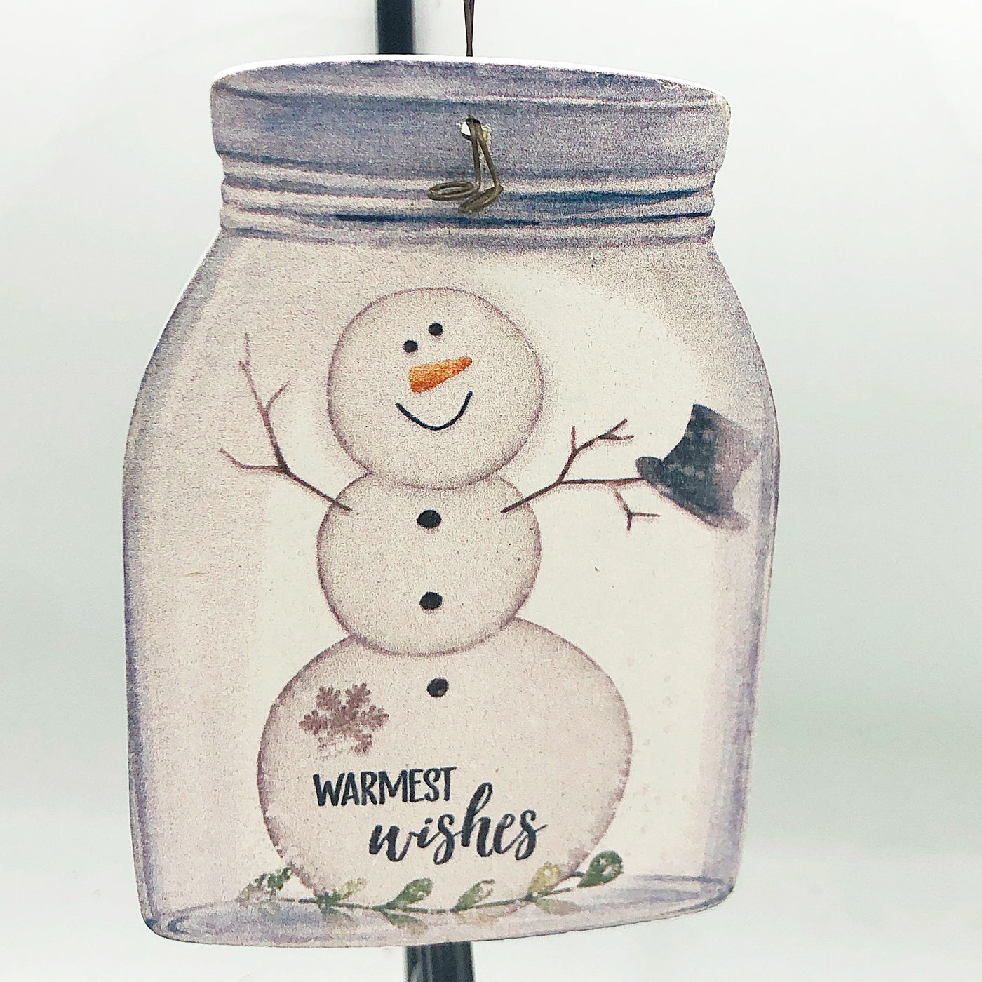💙 Warmest Wishes Snowman Mason Jar Shaped Wooden Ornament