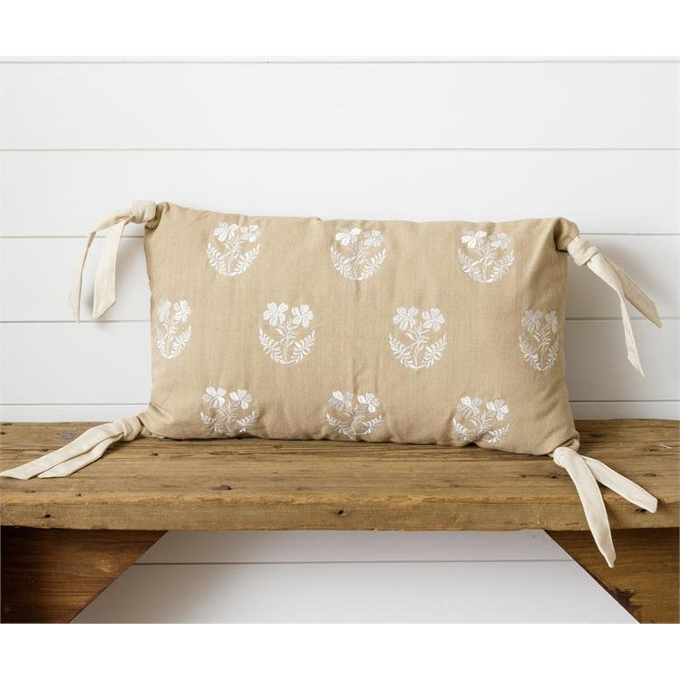 Tan Embroidered Floral Silhouette Pillow With Corner Ties