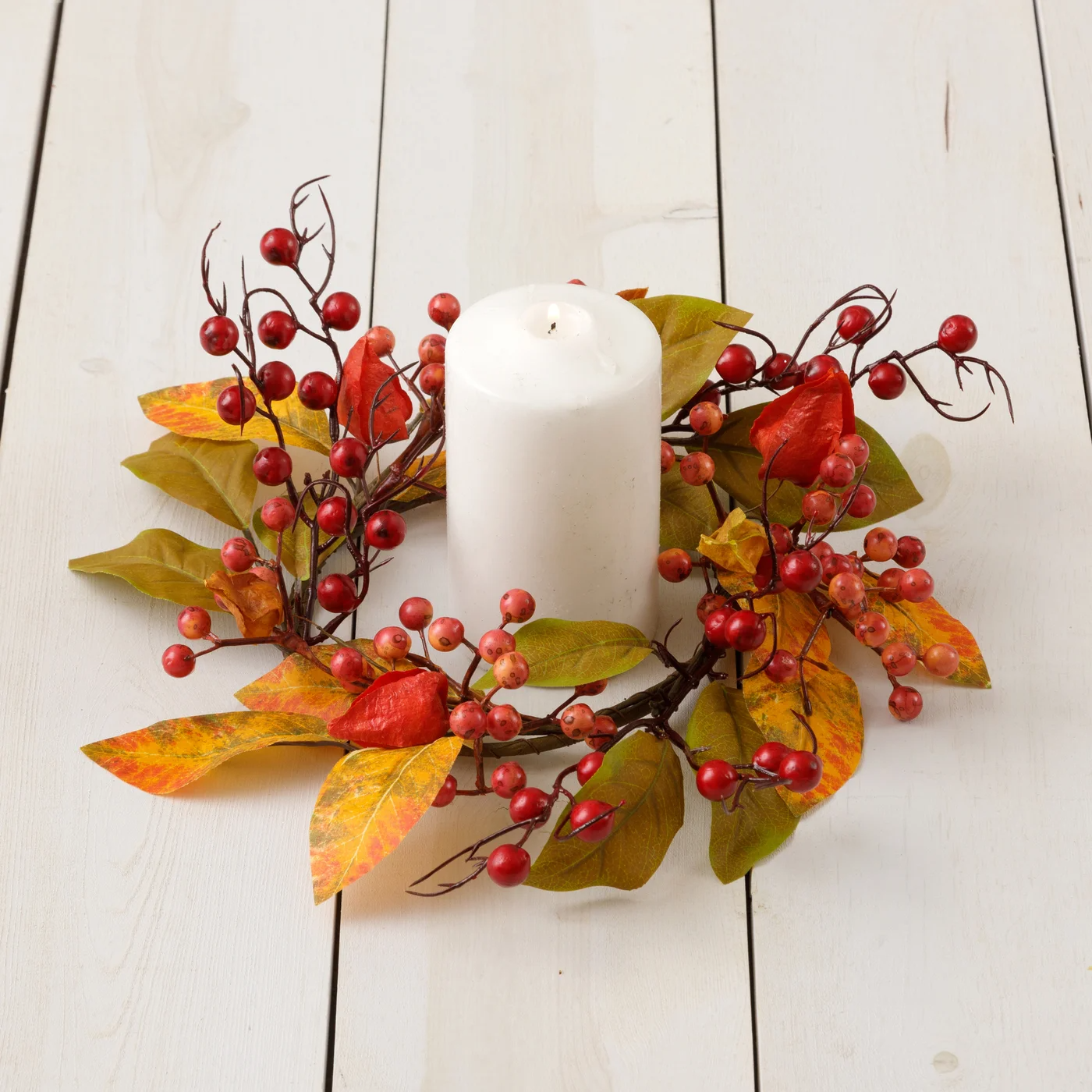 Fall Leaves, Berries, And Rose Hips 18" Faux Candle Ring
