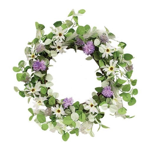 White Daisy & Purple Flowers & Eucalyptus 18" Faux Floral Wreath