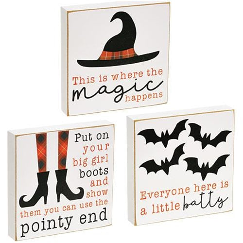 Set of 3 Witch and Bats Halloween Small Block Signs