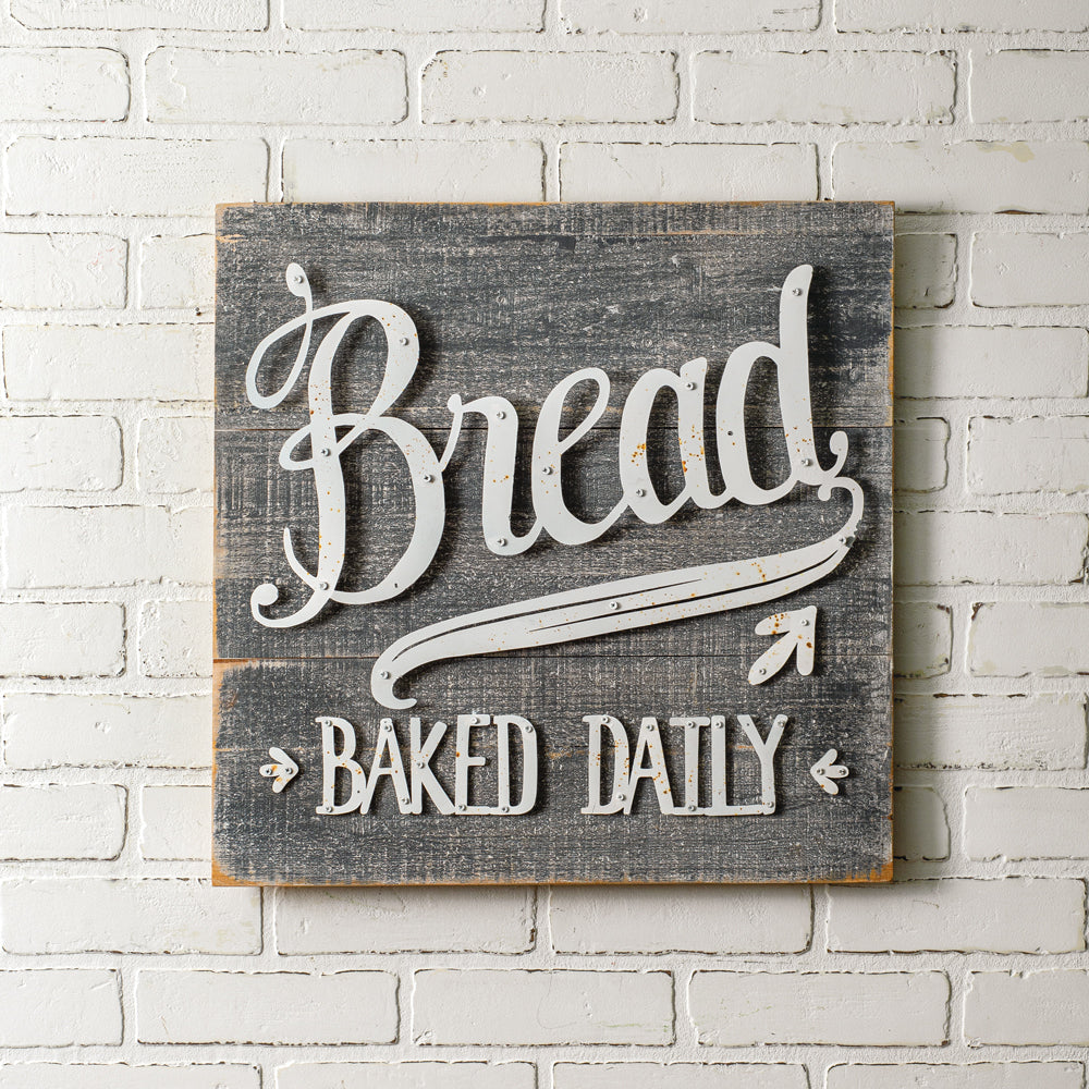 Bread Baked Daily Square Wooden and Metal Sign