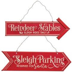 Set of 2 Reindeer & Sleigh Parking Metal Hanging Signs