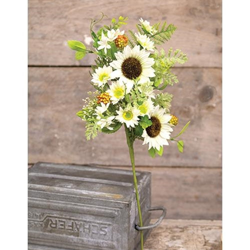 💙 White Sunflowers & Berries 21" Faux Floral Spray