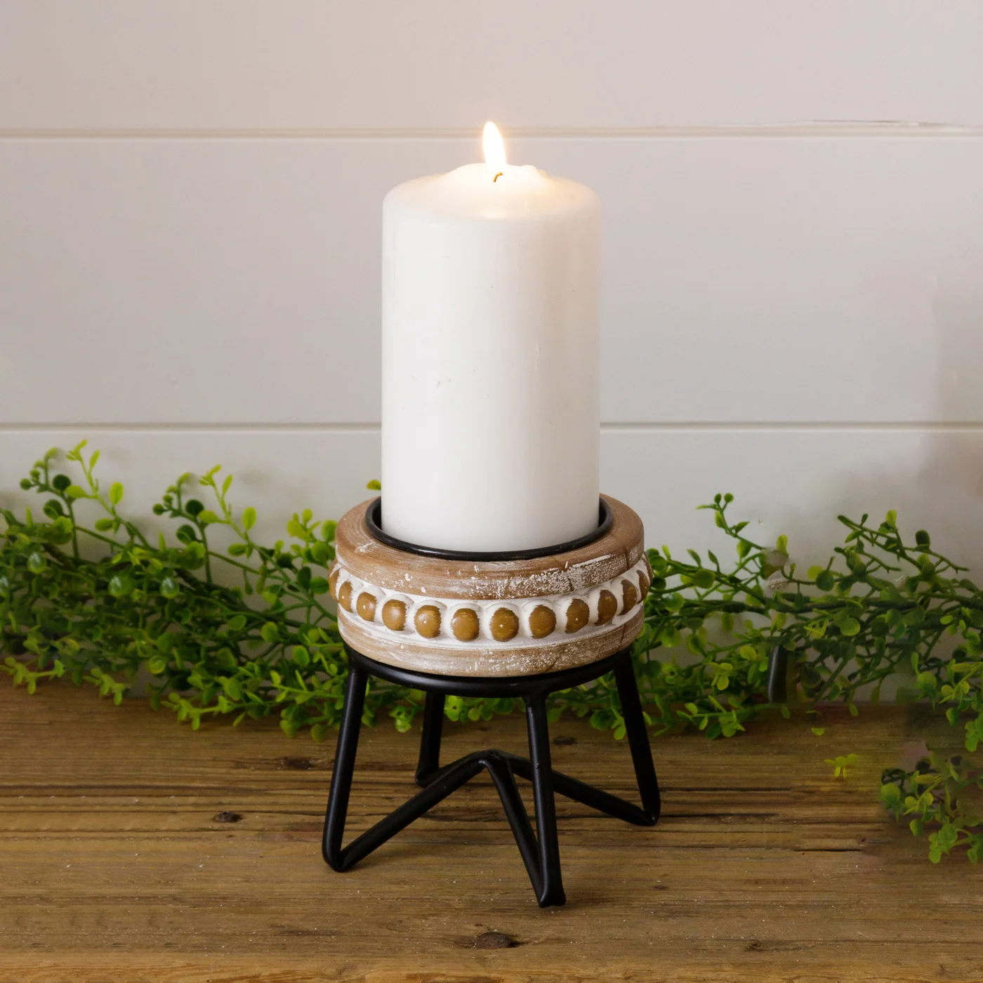 Beaded Wood Pillar Candle Stand 5" H