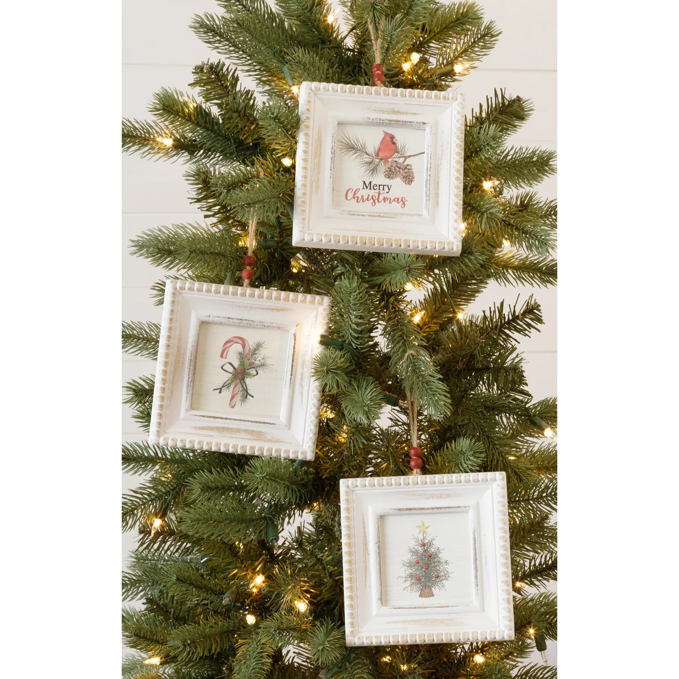 Set of 3 Beaded Mini Frame Ornaments Tree Candy Cane & Cardinal