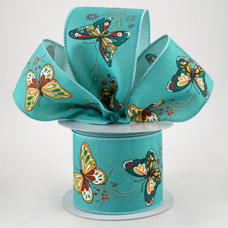💙 Butterflies & Flowers on Light Teal Ribbon 2.5" x 10 yards