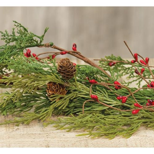 Evergreen Pine with Red Pip Berries 4 ft Faux Garland