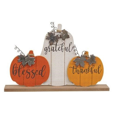 Thankful Grateful Blessed Wood Pumpkin Trio Sitter