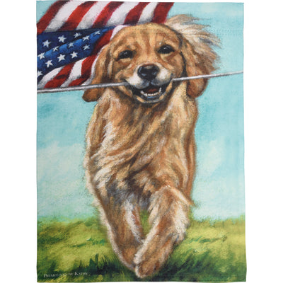 Running Golden Retriever Dog with American Flag Garden Flag