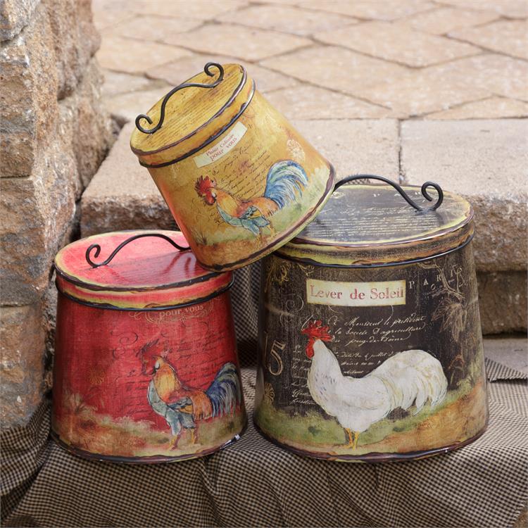 Set of 3 French Country Rooster Canister Tin Set