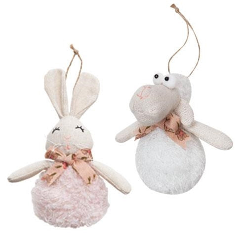 Set of 2 Rabbit and Sheep Fuzzy Ornaments
