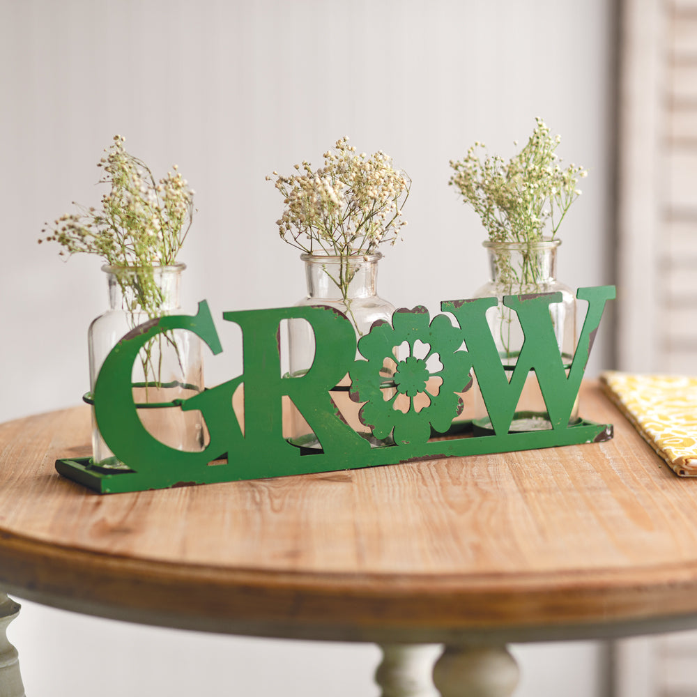 Grow Caddy with Three Glass Bottle Vases
