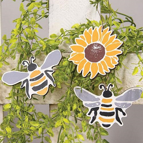 💙 Set of 3 Bees & Sunflower Wooden Ornaments