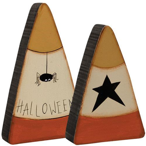 Set of 2 Halloween Wooden Candy Corn with Star and Spider