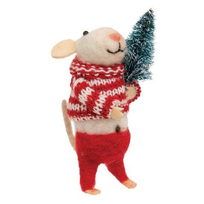 Christmas Mouse with Striped Sweater and Tree Felt Ornament