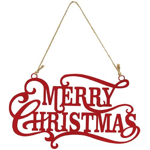 Merry Christmas Red Script Metal Hanging Sign