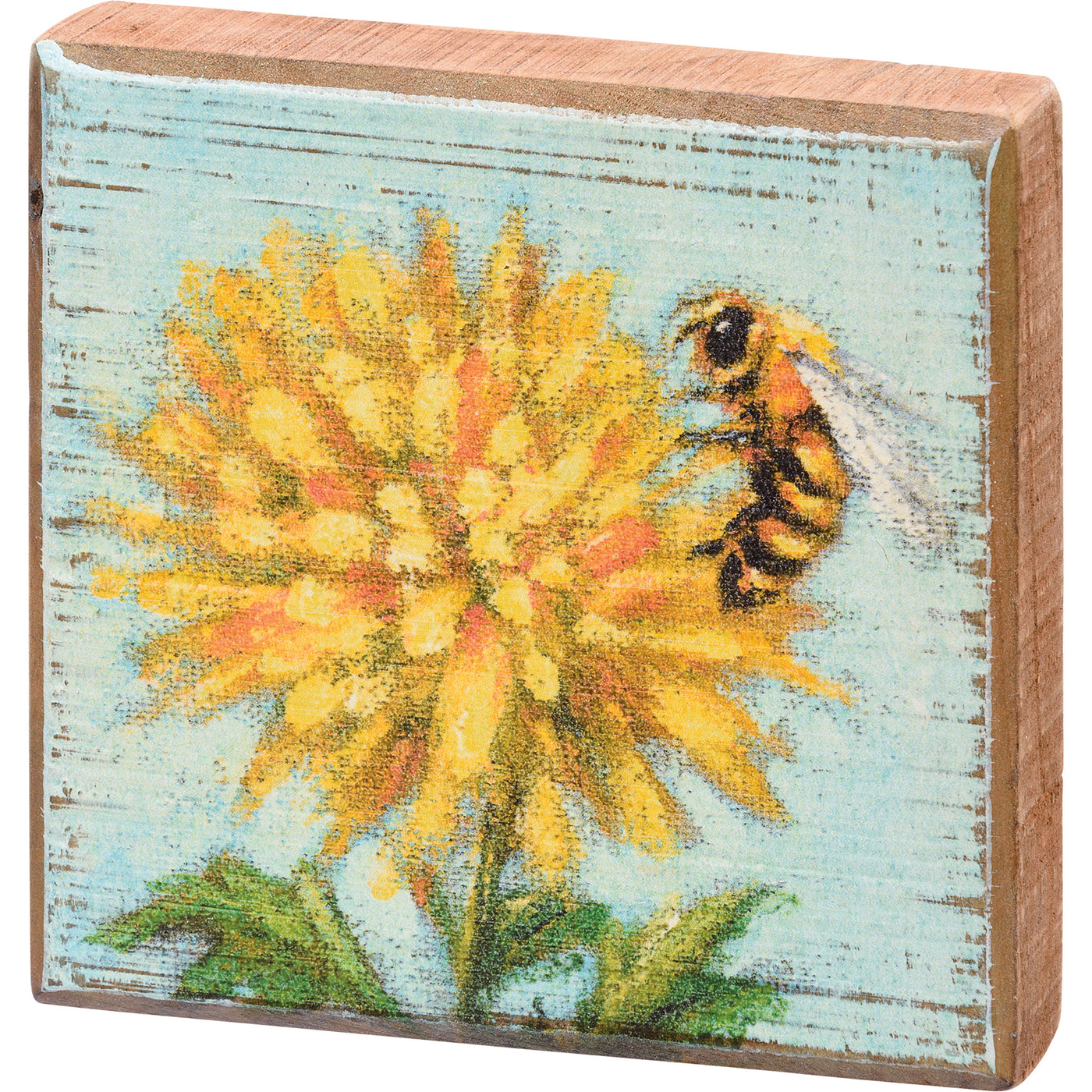 Bee on a Dandelion Small Square Block Sign