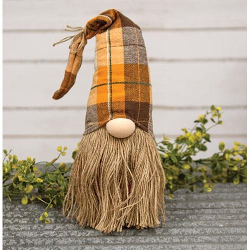 Autumn Gnome With Fall Plaid Hat and Jute Beard 18.25" H