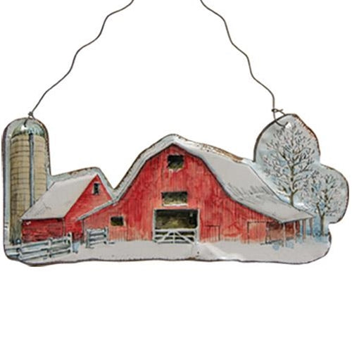 Barn Winter Farm Scene Tin Ornament