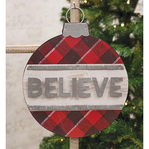 Plaid Believe Ornament Shaped Christmas Sign