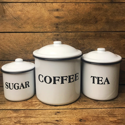 White Enamelware Canisters - Coffee, Tea, Sugar