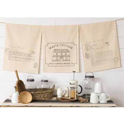 Set of 3 White Cottage Coffee Tea Towels