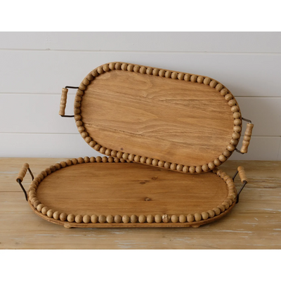 Set o 2 Modern Farmhouse Oval With Beaded Edge Wood Trays